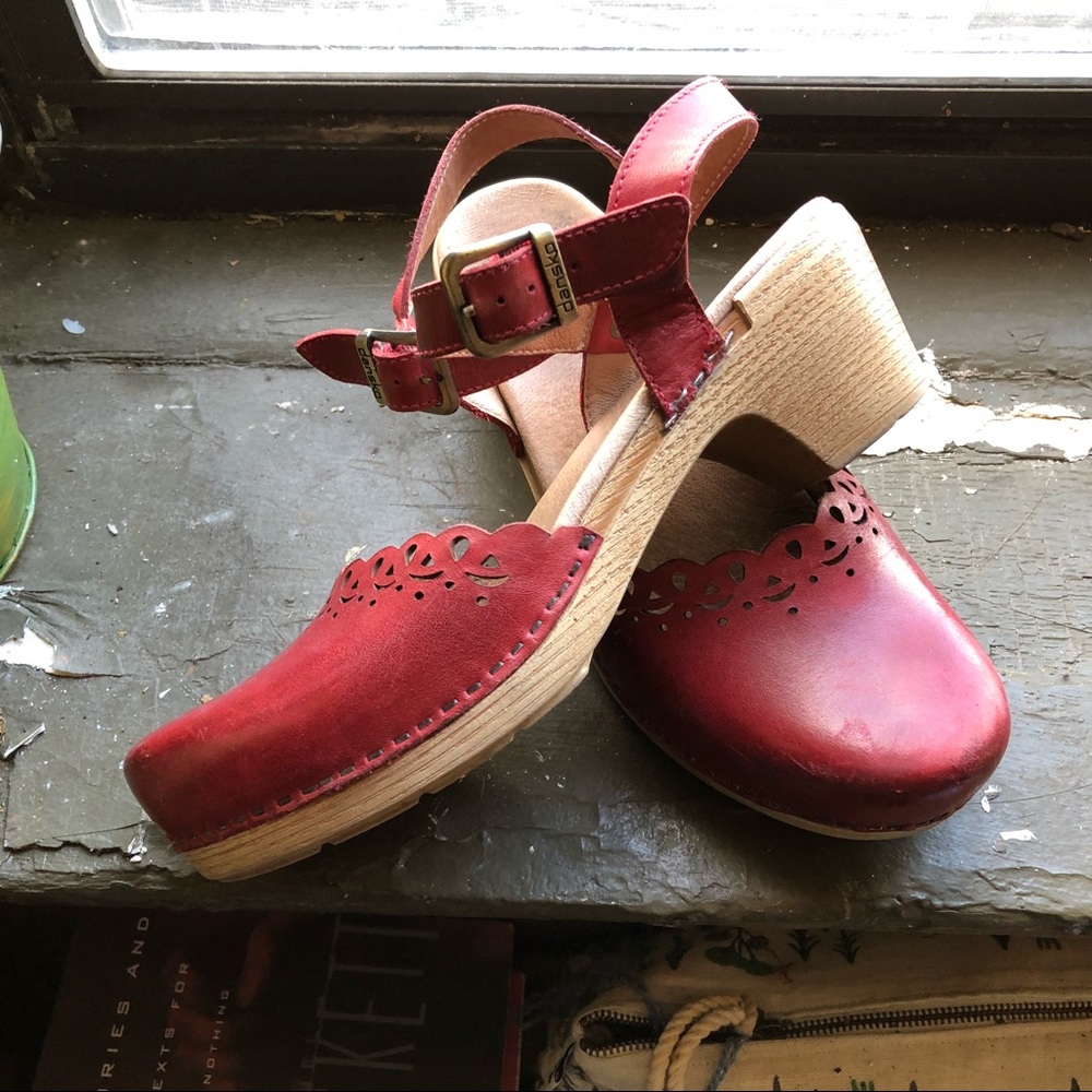 Red Clogs Danskos sandals repaired